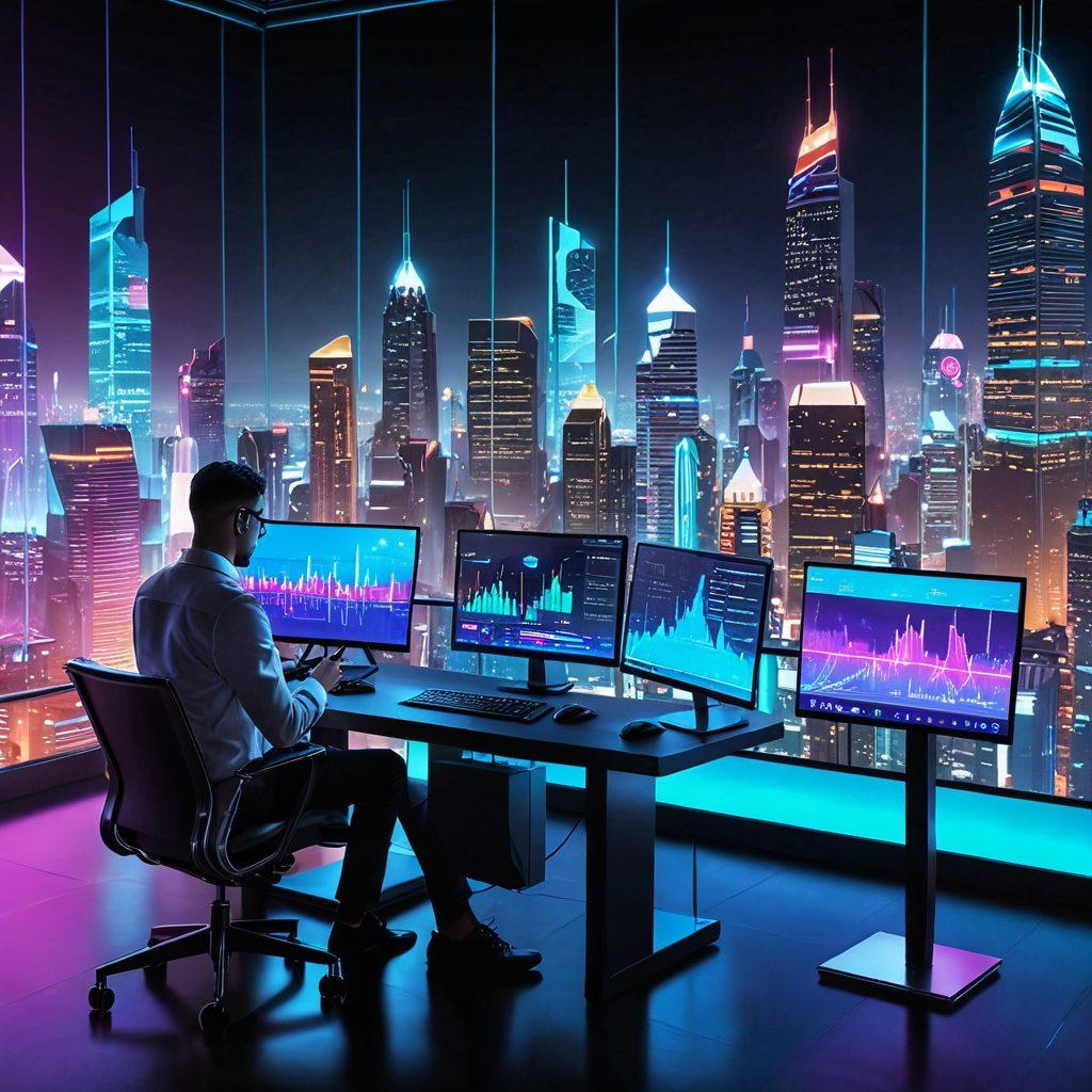 An advanced digital marketing scene with a vibrant cityscape in the background, multiple devices showing graphs and metrics, and various icons for SEO, social media, and email marketing floating around. Marketers in sleek business attire are collaborating with holograms and data visualizations. cyberpunk. vibrant colors. super-realistic.