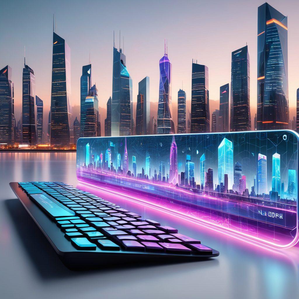A futuristic cityscape with glowing skyscrapers, interconnected by neon-lit web-like digital streams weaving through the buildings, symbolizing advanced web development. At the forefront, a developer silhouette is typing on a holographic keyboard, with floating icons representing modern web technologies like HTML5, CSS3, JavaScript, and frameworks such as React and Angular. super-realistic. vibrant colors. white background.