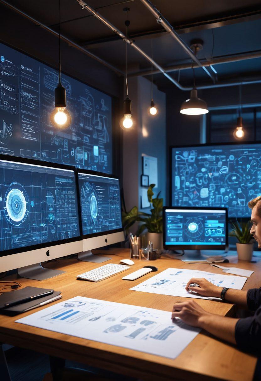 A dynamic scene where a team of web designers and developers collaborate, surrounded by futuristic digital interfaces, blueprints, and code snippets, in a high-tech, modern workspace. Incorporate symbolic elements like light bulbs (ideas), gears (mechanics), and progress bars (development stages). Make the environment vibrant, inspiring, and ultra-modern, reflecting creativity and precision. super-realistic. vibrant colors.